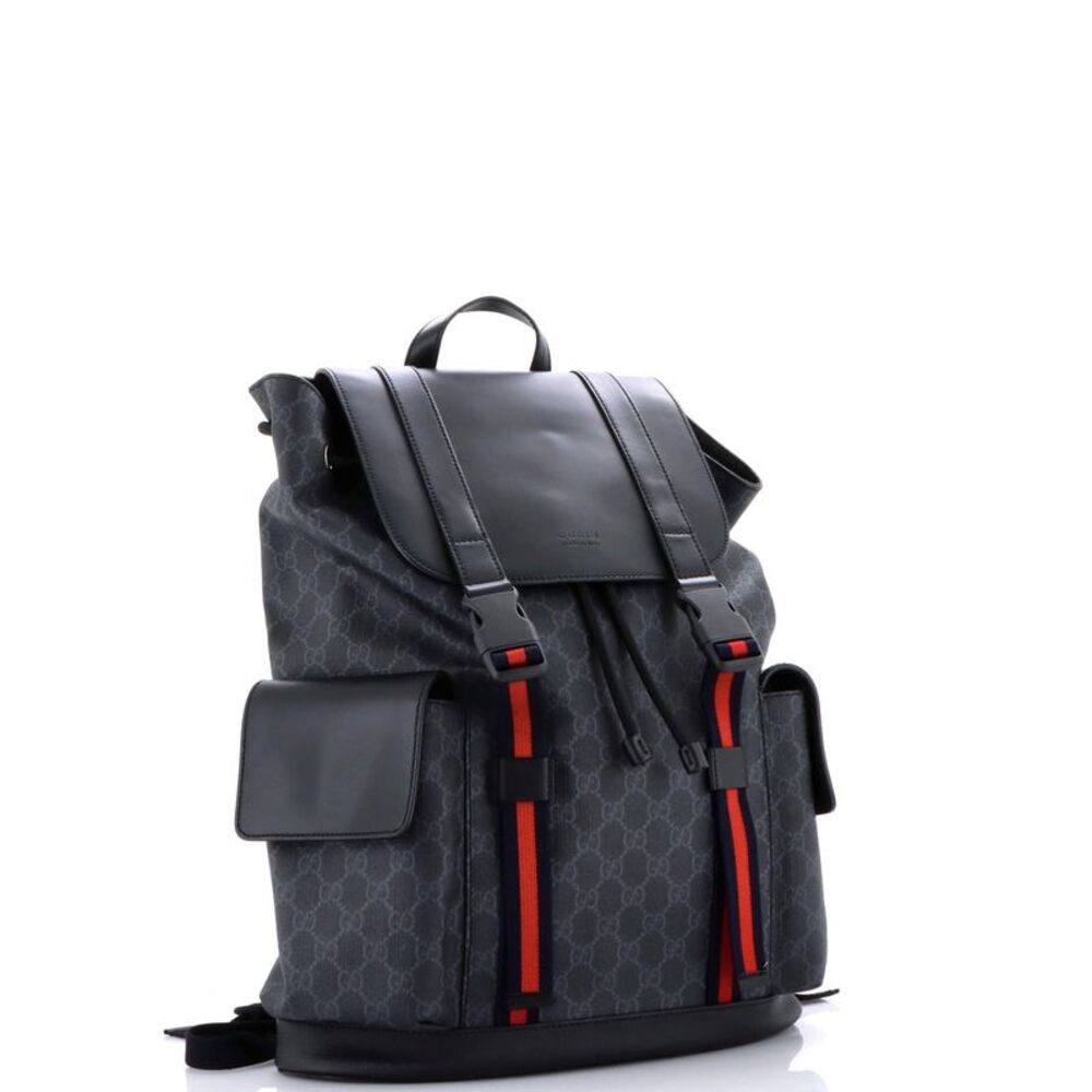 Gucci Double Pocket Buckle Backpack GG Coated Canvas Large Black - Picture 2 of 6